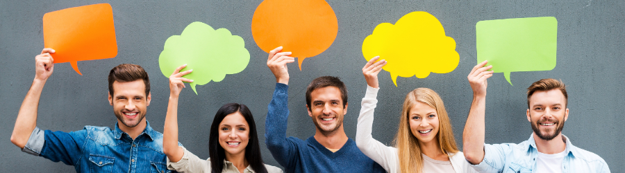 group of 5 adults holding comment bubbles